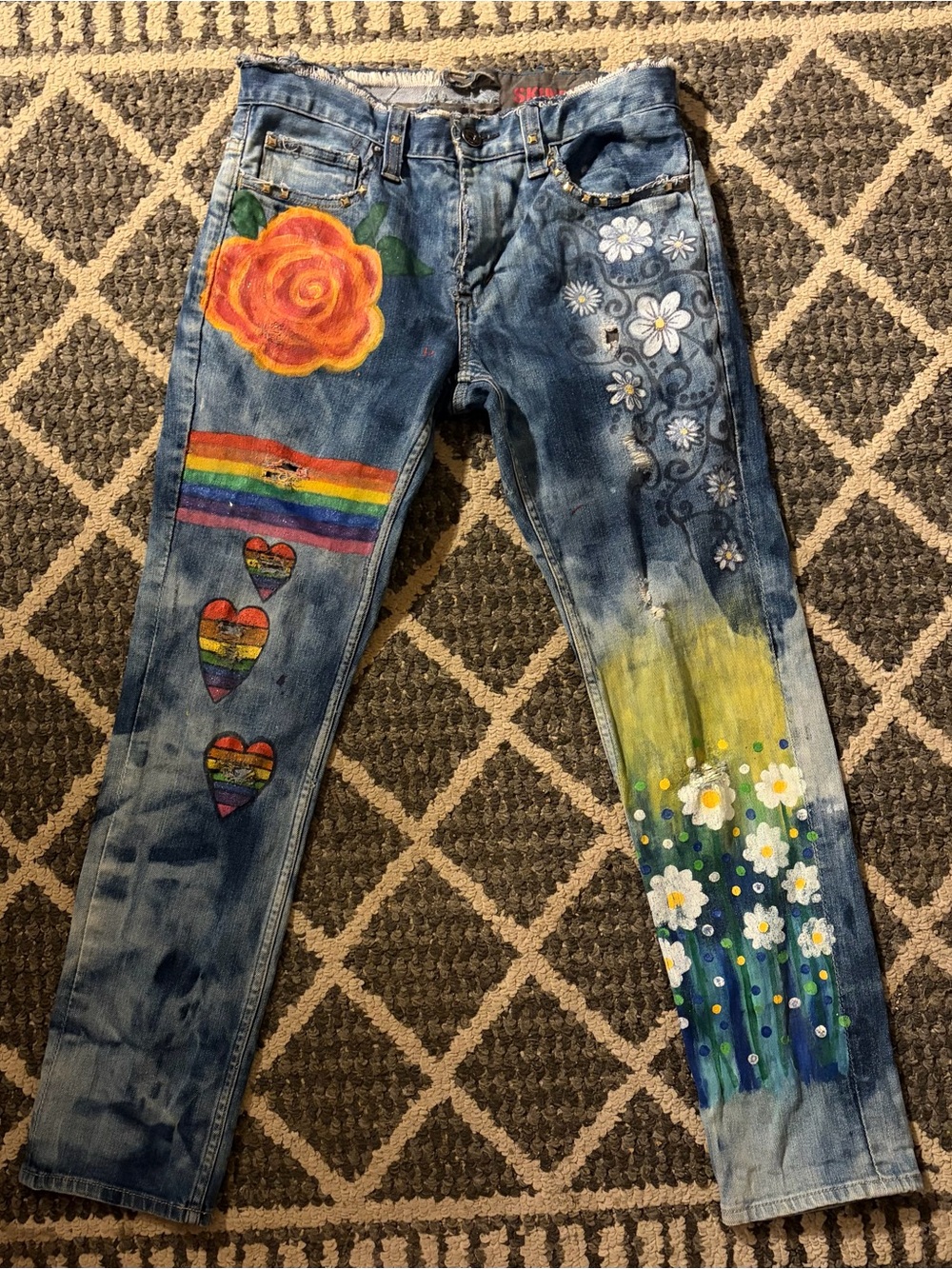 Hand-Painted Blue Denim Women's Jeans with Floral & Rainbow Accents